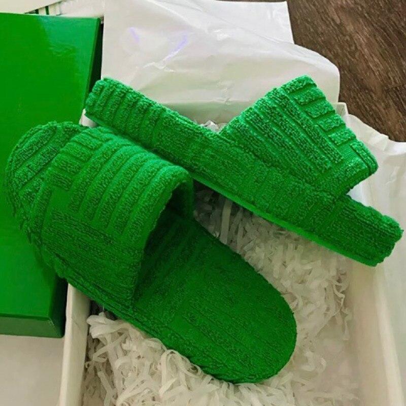 Green Luxury Peep Toe Thick Sole Women Slippers Corduroy Flat Slides Coffee Jasper