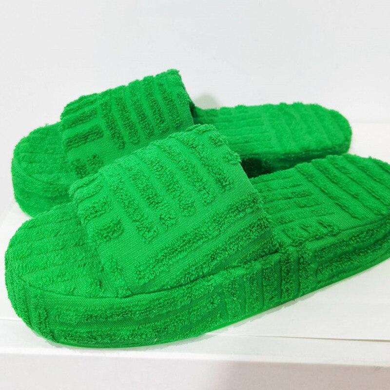 Green Luxury Peep Toe Thick Sole Women Slippers Corduroy Flat Slides Coffee Jasper