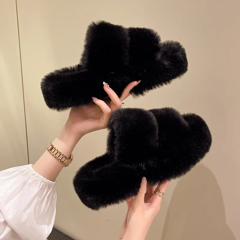 Fur Thick Sole Open Toe Slipper