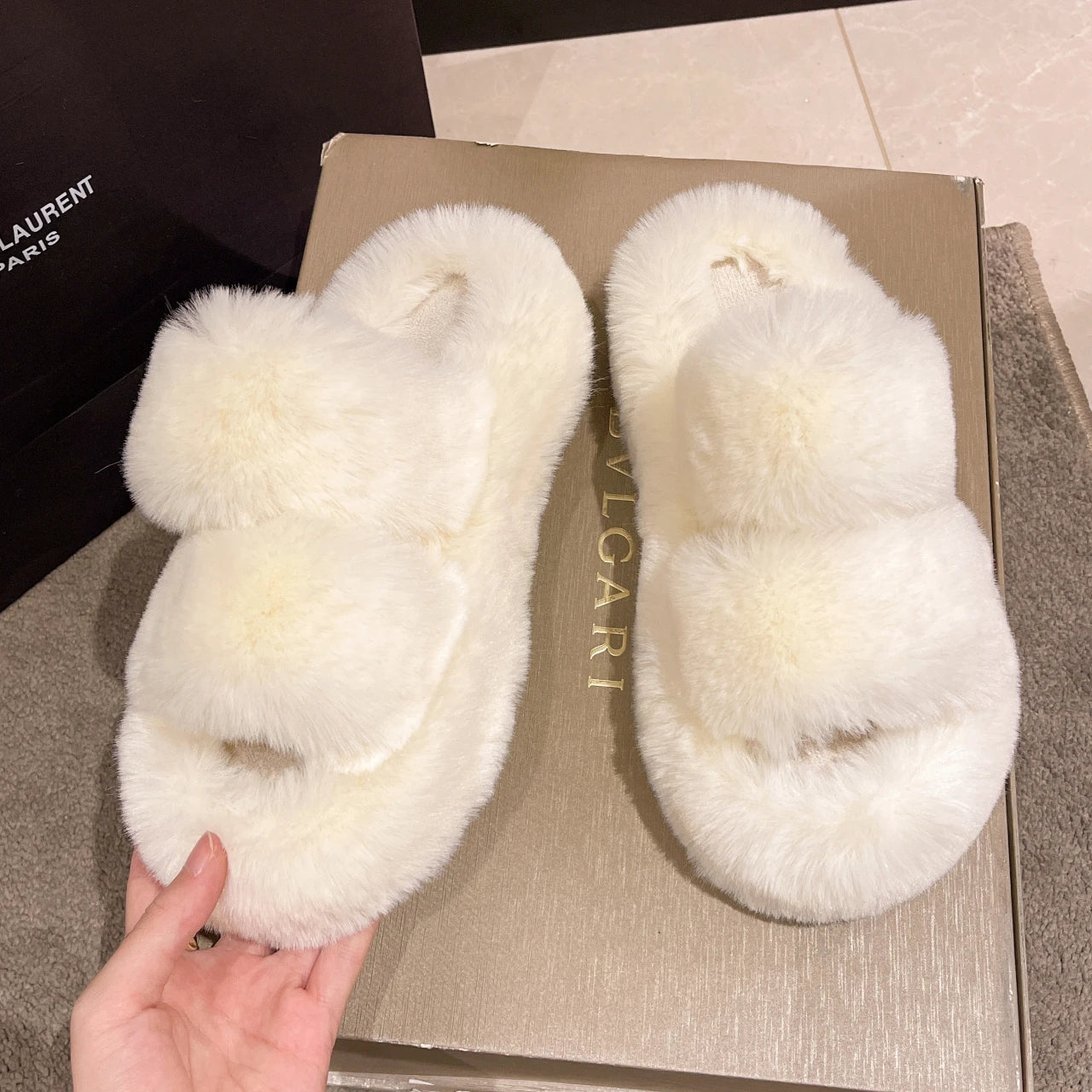 Fur Thick Sole Open Toe Slipper