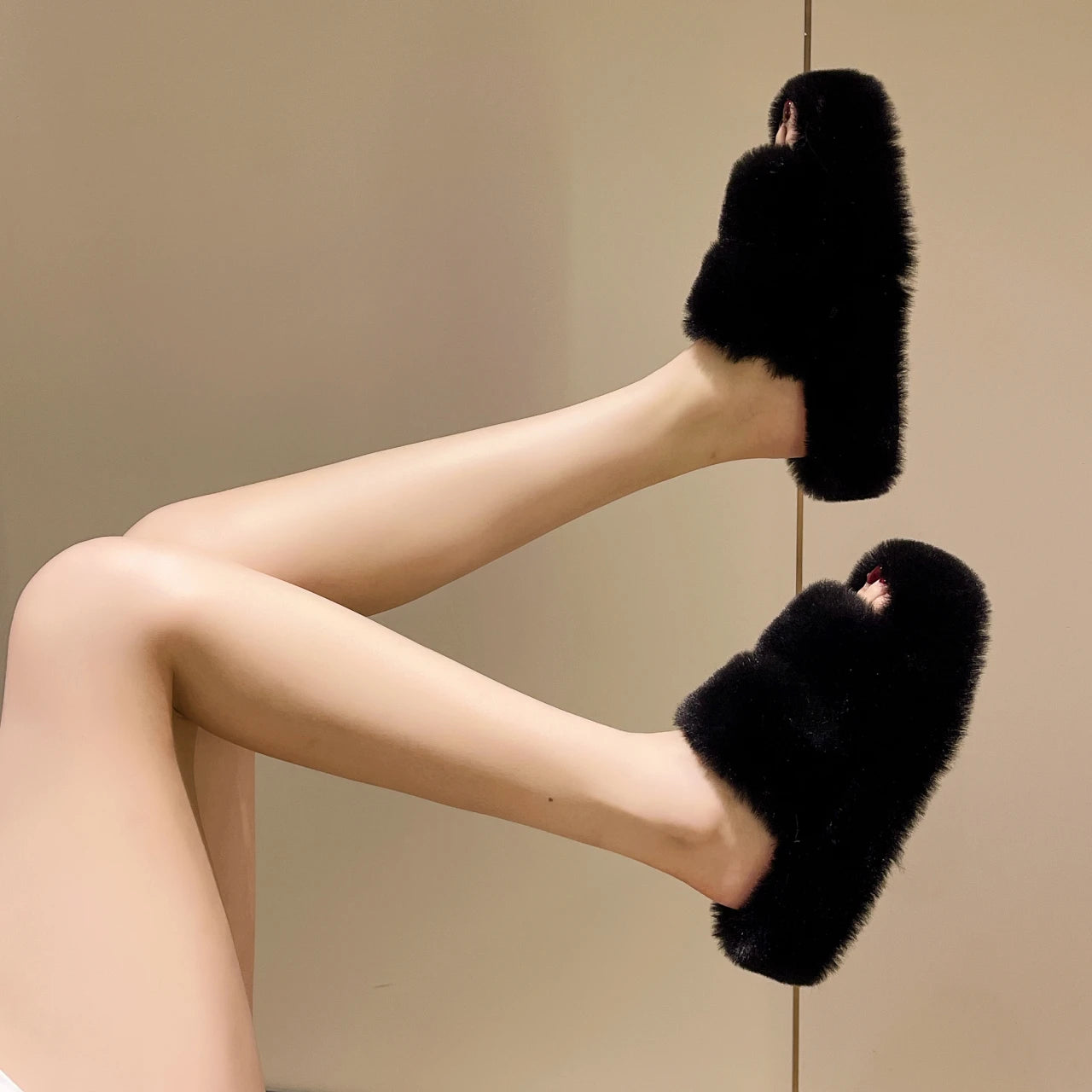Fur Thick Sole Open Toe Slipper
