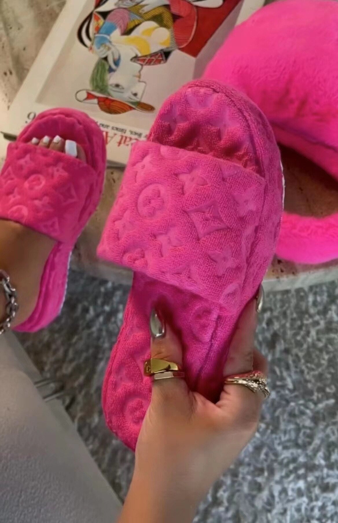 Flower Slides Thick Bottom Fur Slippers for Women Coffee Jasper
