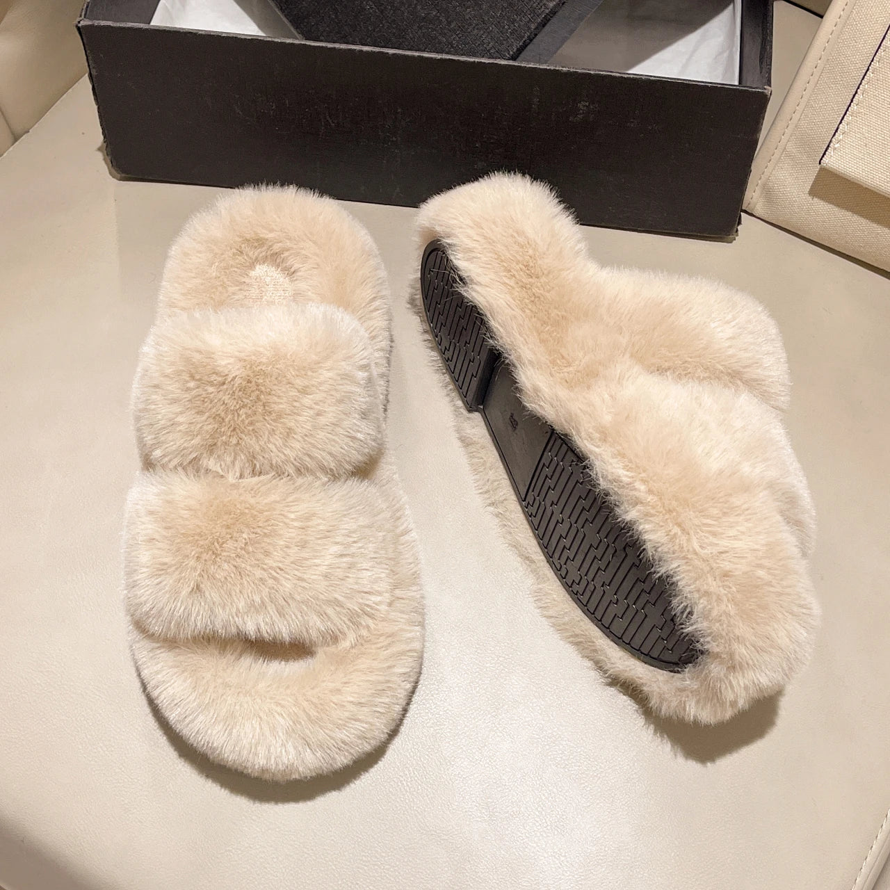 Fur Thick Sole Open Toe Slipper