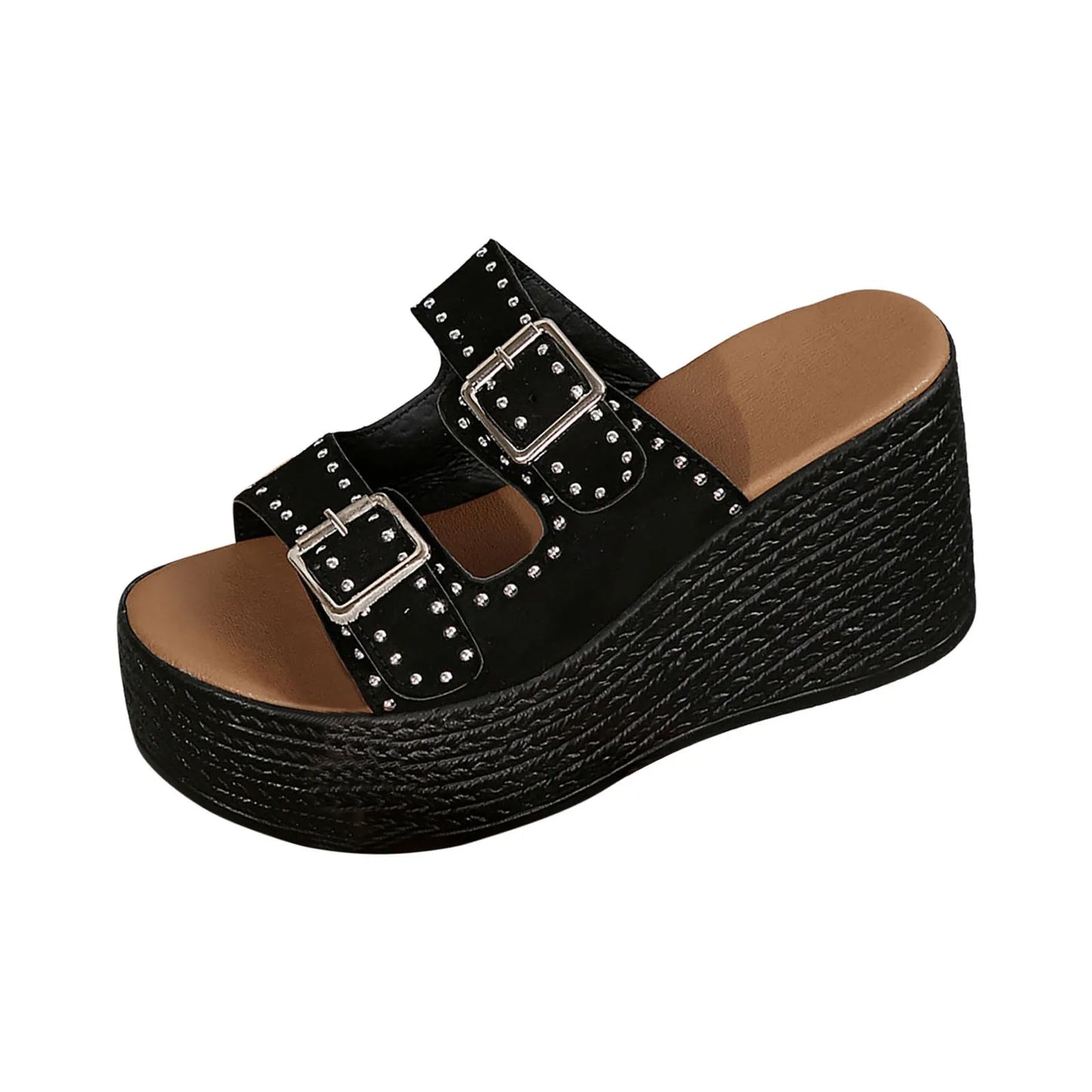 Double Buckle Studded Wedge Sandals