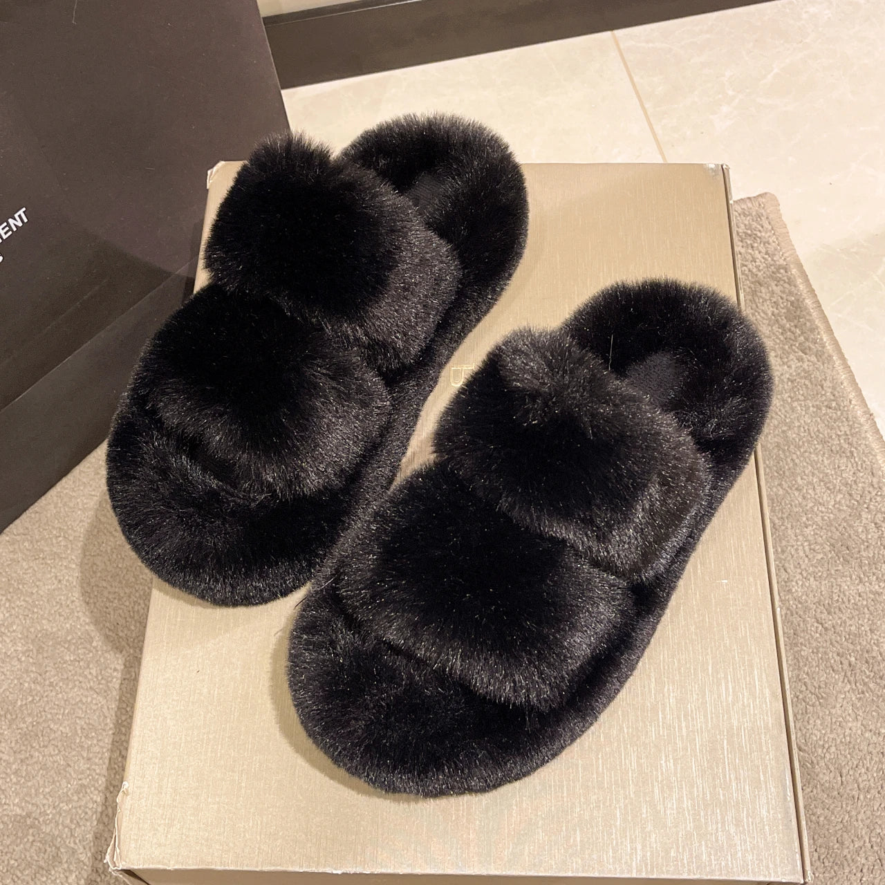 Fur Thick Sole Open Toe Slipper
