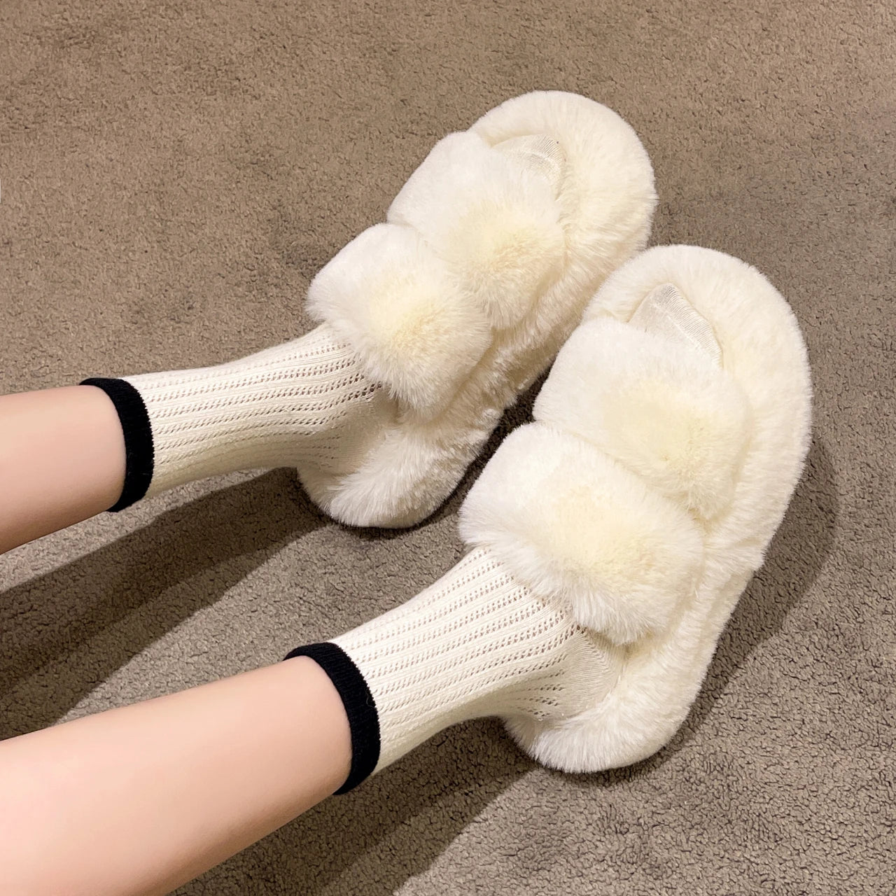 Fur Thick Sole Open Toe Slipper