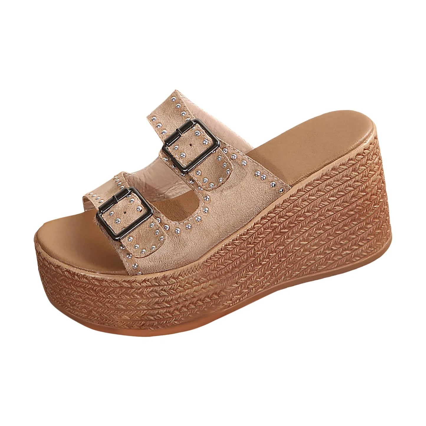 Double Buckle Studded Wedge Sandals