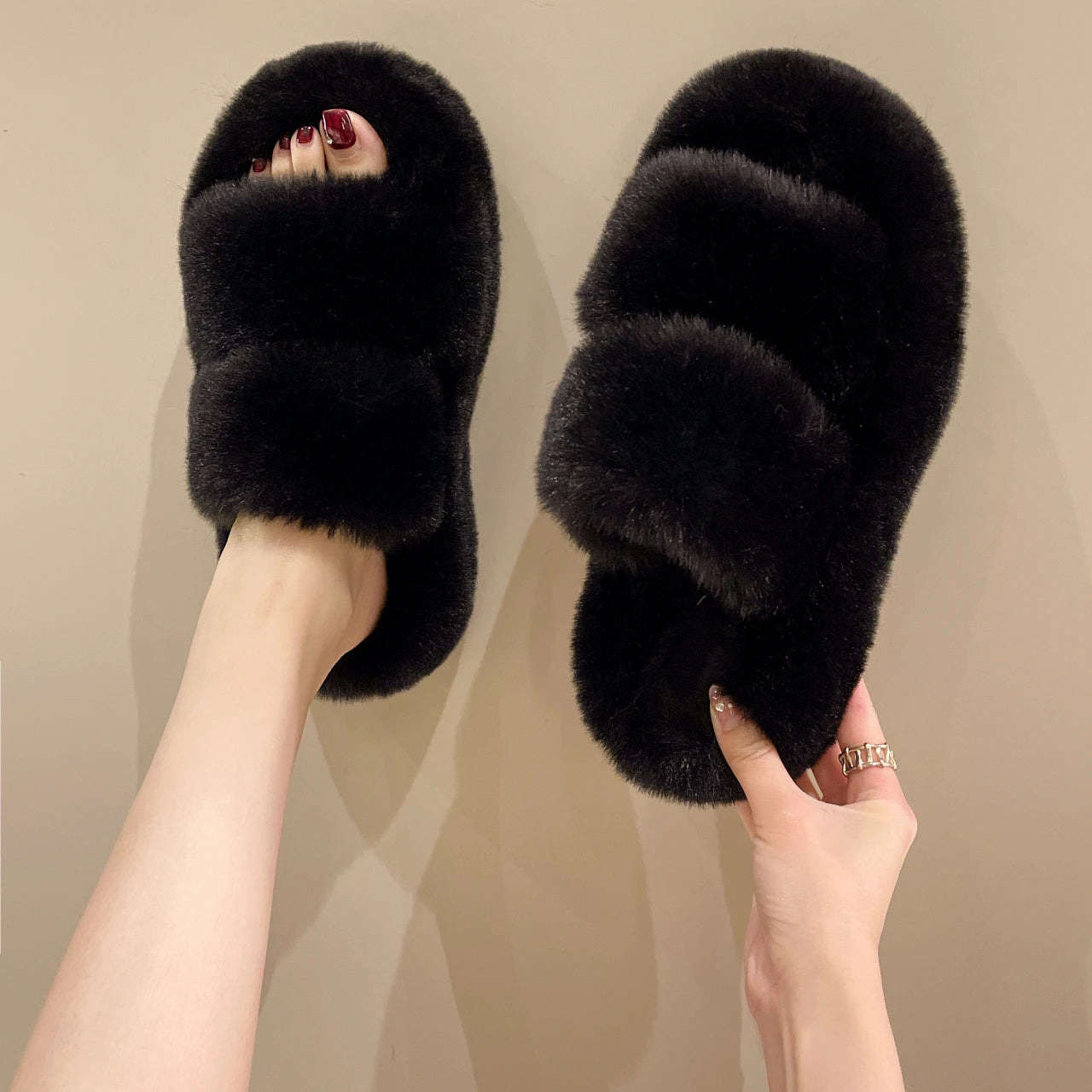 Fur Thick Sole Open Toe Slipper