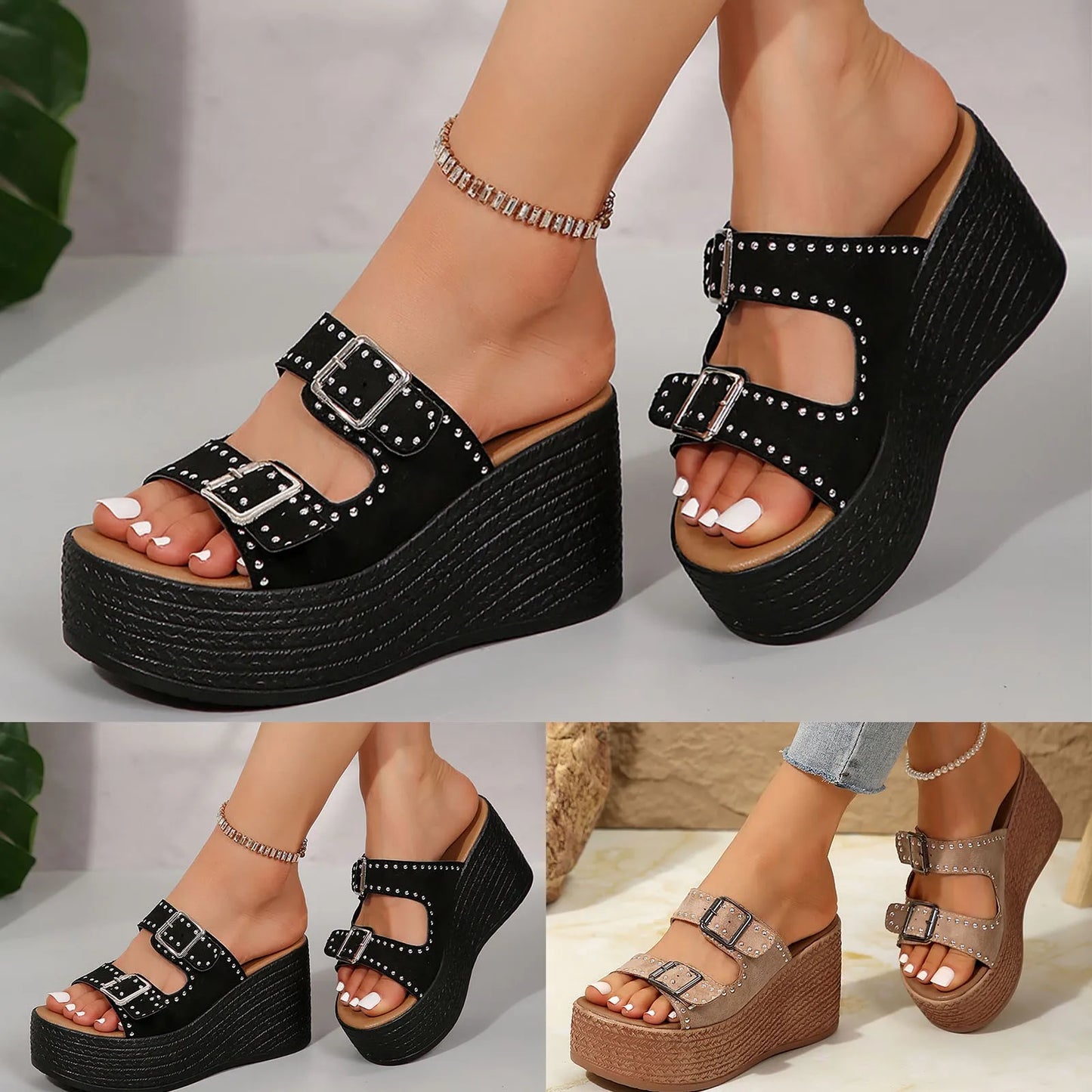 Double Buckle Studded Wedge Sandals