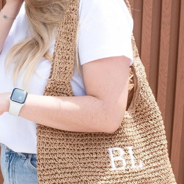 Fashionable Handheld Straw Bag With Alphabet Embroidery Local