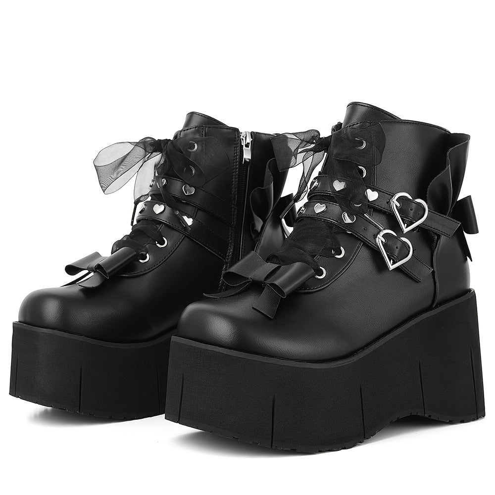 Heart Buckle Bow Platform Boots
