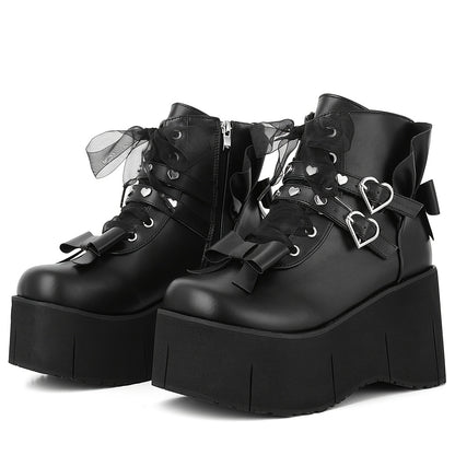 Heart Buckle Bow Platform Boots