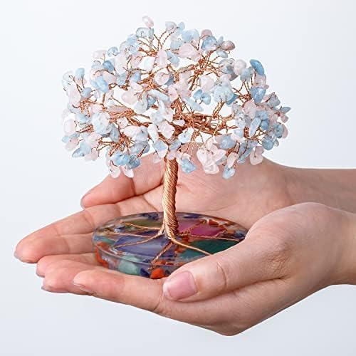 ZenBless 7 Chakra Healing Crystals Stones Tree, Pink Crystal Aquamarine Leaf Wire Wrapped on Agate Slice Base, Home Office Desk Living Room Feng Shui Decoration for Wealth and Luck ZenBless