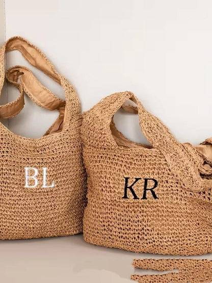 Fashionable Handheld Straw Bag With Alphabet Embroidery Local