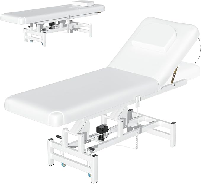 Stationary Massage Table with Memory Foam, Massage TattooTable with Adjustable Height, Facial Bed for Esthetician, PU Leather for Physical Therapy & Spa (Metal/ 2 Molds-White, 44.7''L x 22''W) Kick Boosters