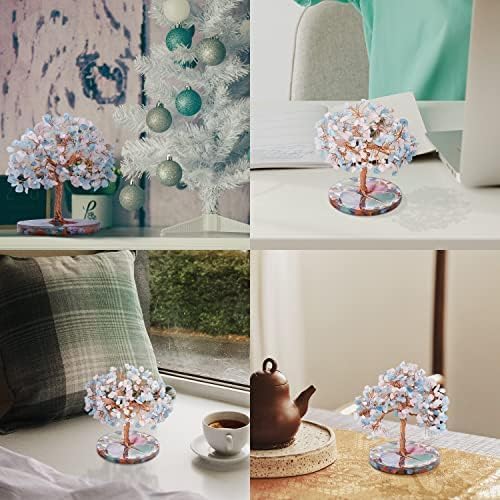 ZenBless 7 Chakra Healing Crystals Stones Tree, Pink Crystal Aquamarine Leaf Wire Wrapped on Agate Slice Base, Home Office Desk Living Room Feng Shui Decoration for Wealth and Luck ZenBless