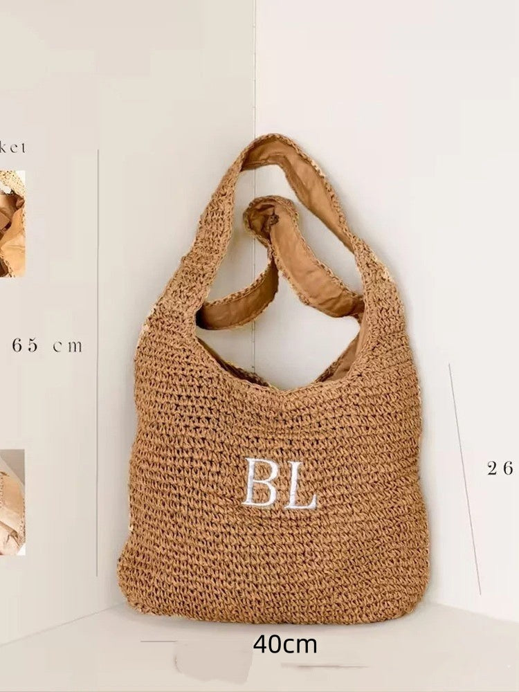 Fashionable Handheld Straw Bag With Alphabet Embroidery Local