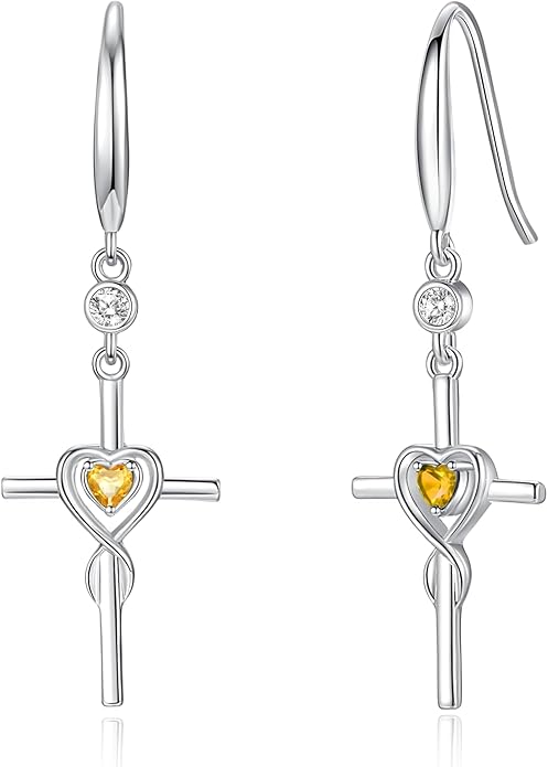 FANCIME Gift for Women Cross Dangle Drop Earrings 925 Sterling Silver Heart Birthstone Earring Fine Jewelry Birthday Gifts for Her Women FANCIME
