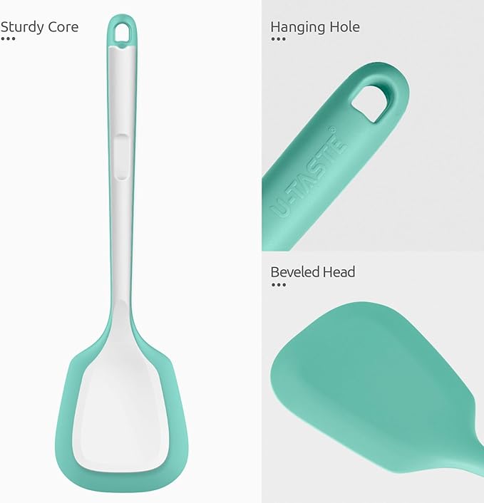 U-Taste 600ºF Heat Resistant Silicone Turners: 13.6in Long Solid & Slotted Kitchen Spatula Flipper, Wide and Large Flexible Cooking Utensil for Flipping Egg, Pancake, Cookie (Aqua Sky, 2PCS) U-Taste