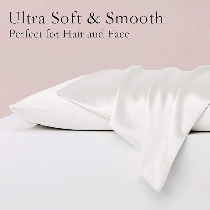 Silk Pillowcase for Hair and Skin 2 Pack 100% Mulberry Silk Bed Pillowcase Hypoallergenic Soft Breathable Both Sides Silk Pillow Case with Hidden Zipper, Standard Size Pillow Cases (White) JOGJUE