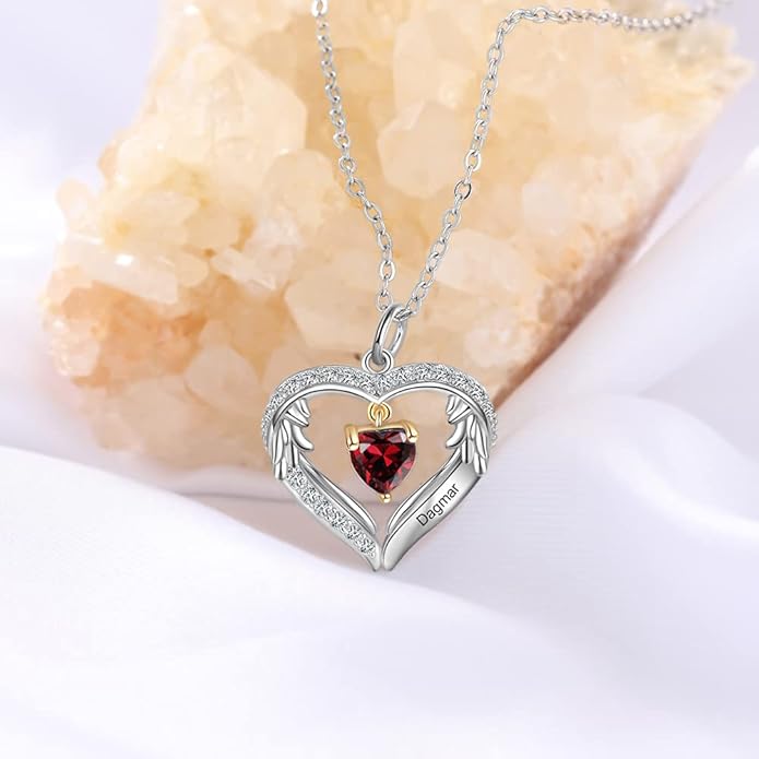 GLAMCARAT Personalized sterling silver pendant necklace with birthstone and name mothers jewelry heart shaped necklace for her birthstone necklace GLAMCARAT