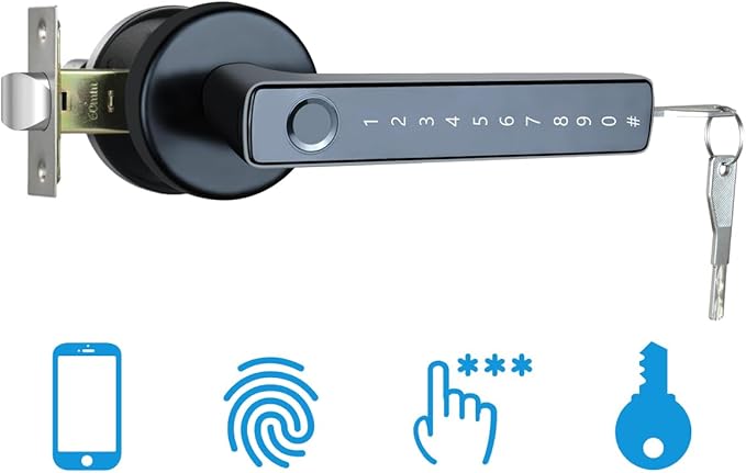 ETEKJOY Smart Door Lever Lock 4-in-1 App+Fingerprint+Passcode+Key Left/Right Reversible Handle Keyless Entry Auto Lock Knob Home Office Hotel Apartment Bedroom (Black with App) ETEKJOY