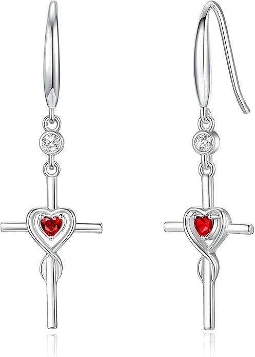 FANCIME Gift for Women Cross Dangle Drop Earrings 925 Sterling Silver Heart Birthstone Earring Fine Jewelry Birthday Gifts for Her Women FANCIME