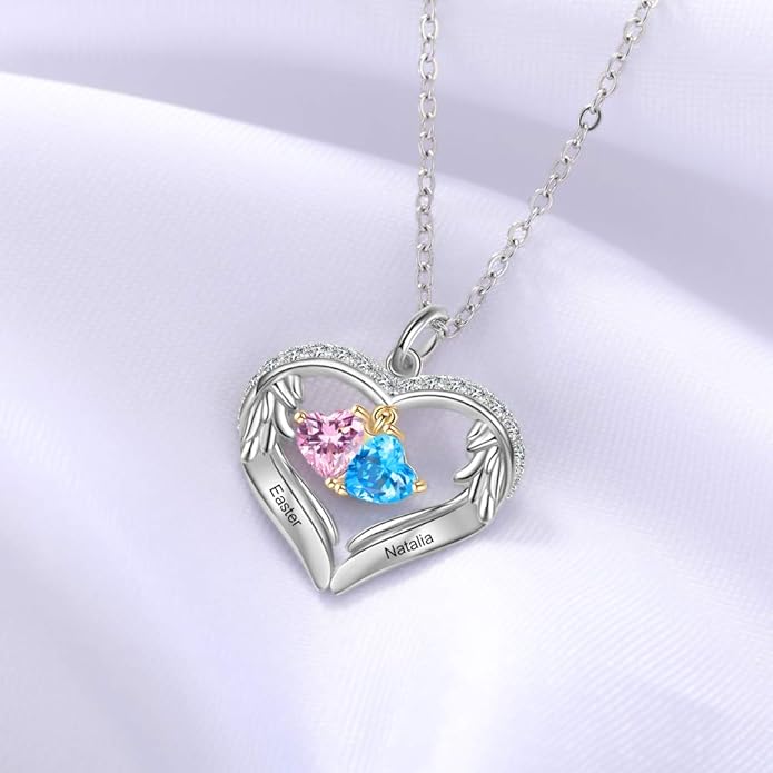 GLAMCARAT Personalized sterling silver pendant necklace with birthstone and name mothers jewelry heart shaped necklace for her birthstone necklace GLAMCARAT