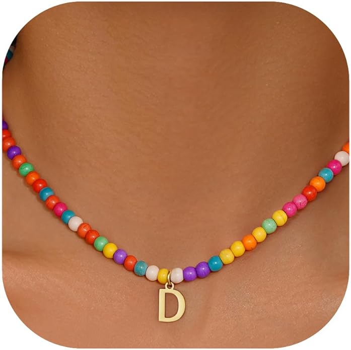 Eioi & Lmnm Colorful Initial Necklaces for Girls Women Kids - Teen Girls Gifts Trendy Beaded Initial Necklace Dainty Letter Gifts Choker Necklace for Girl Jewelry Kick Boosters