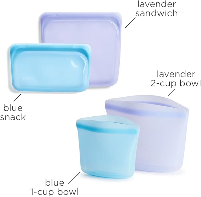 Stasher Premium Silicone Reusable Food Storage Bags, 4-Pack, Multi, Multi-Use Food Storage Bags, Lunch Bag, Travel Containers, BPA Free, Leak-free, Dishwasher-Safe, Eco-friendly Stasher