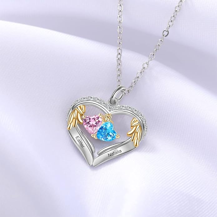 GLAMCARAT Personalized sterling silver pendant necklace with birthstone and name mothers jewelry heart shaped necklace for her birthstone necklace GLAMCARAT