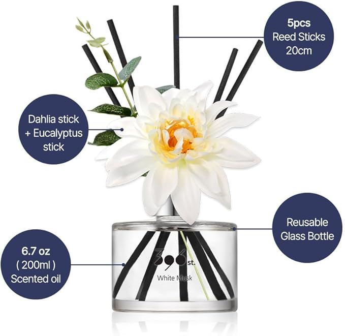 396 st. Dahlia Flower Reed Diffuser, White Musk, 200ml(6.7oz) / Reed Diffuser Sets, Home Fragrance, Scented Oils, Home & Bathroom Décor 396st