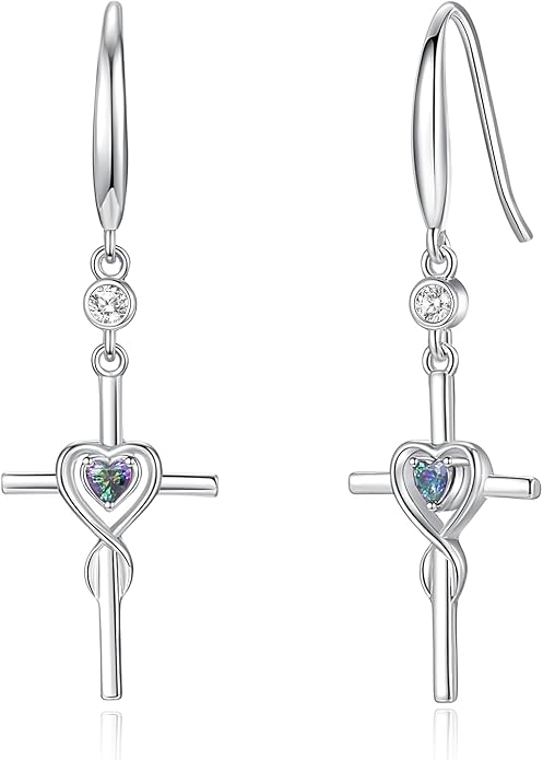 FANCIME Gift for Women Cross Dangle Drop Earrings 925 Sterling Silver Heart Birthstone Earring Fine Jewelry Birthday Gifts for Her Women FANCIME