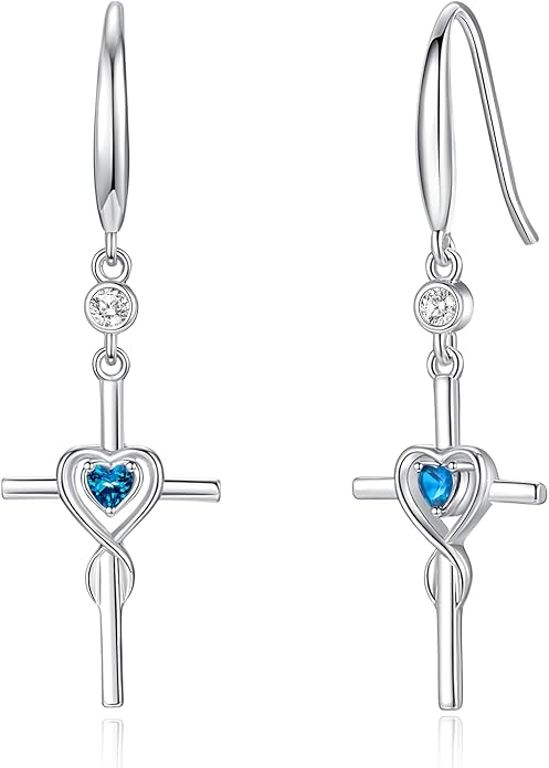 FANCIME Gift for Women Cross Dangle Drop Earrings 925 Sterling Silver Heart Birthstone Earring Fine Jewelry Birthday Gifts for Her Women FANCIME