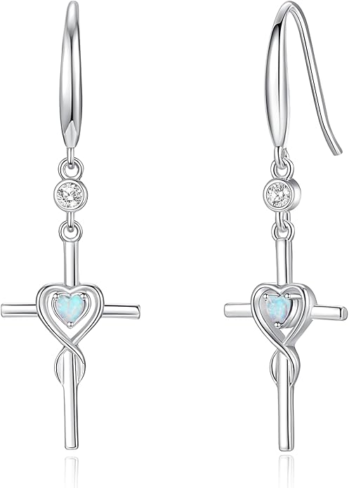 FANCIME Gift for Women Cross Dangle Drop Earrings 925 Sterling Silver Heart Birthstone Earring Fine Jewelry Birthday Gifts for Her Women FANCIME