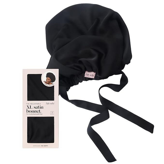 Kitsch XL Satin Bonnet for Sleeping - Softer Than Silk Hair Bonnet For Women - Secure Fit, Adjustable Night Cap For Curly & Textured Hair - Prevents Breakage, Tangles & Thinning - Black Kitsch