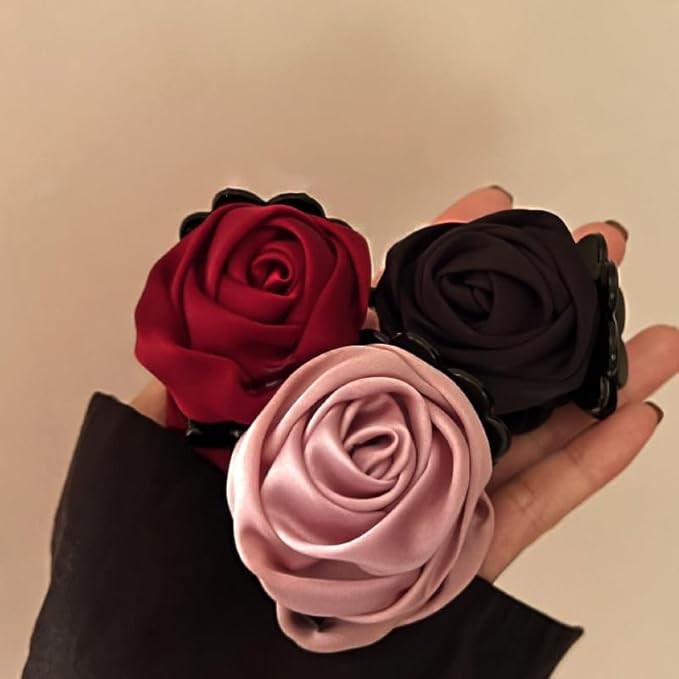 Rose Hair Clip,1.61 Inch Small Flower Hair Claw Clip,Satin Rose Elegant Hair Flowers Claw Clip Floral Wedding Hair Accessories Birthday Thanksgiving Gift for Women Girls (Pink Red Black) Agirlvct