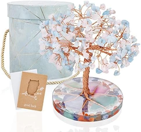 ZenBless 7 Chakra Healing Crystals Stones Tree, Pink Crystal Aquamarine Leaf Wire Wrapped on Agate Slice Base, Home Office Desk Living Room Feng Shui Decoration for Wealth and Luck ZenBless