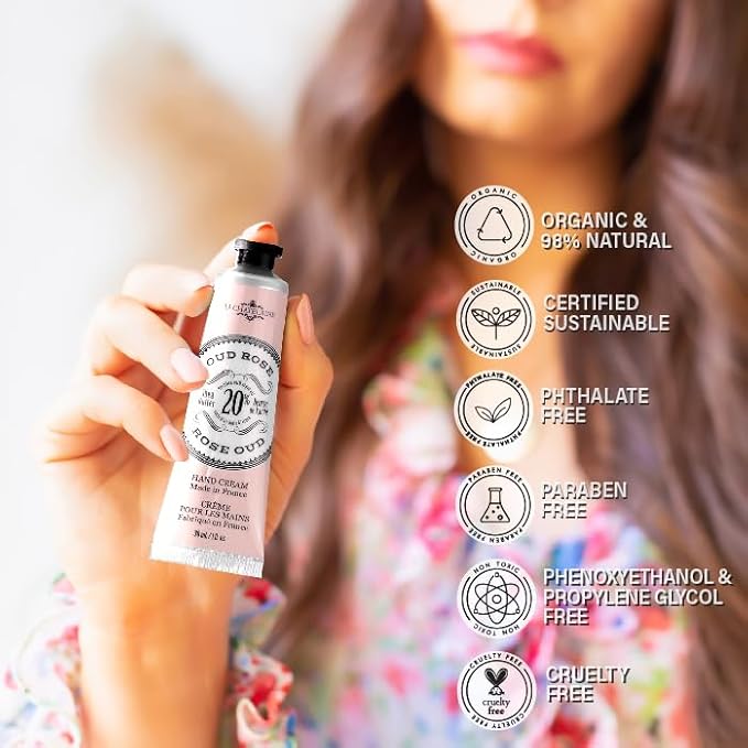 La Chatelaine Rose Hand Cream Trio Tin Gift Set, Ready-To-Gift Tin, Nautral, Made in France with 20% Organic Shea Butter, Nourishing and Moisturizing (Cherry Almond, Pear, Oud Rose) LaChatelaine