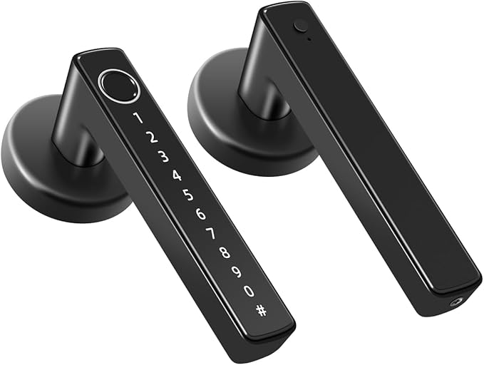 ETEKJOY Smart Door Lever Lock 4-in-1 App+Fingerprint+Passcode+Key Left/Right Reversible Handle Keyless Entry Auto Lock Knob Home Office Hotel Apartment Bedroom (Black with App) ETEKJOY