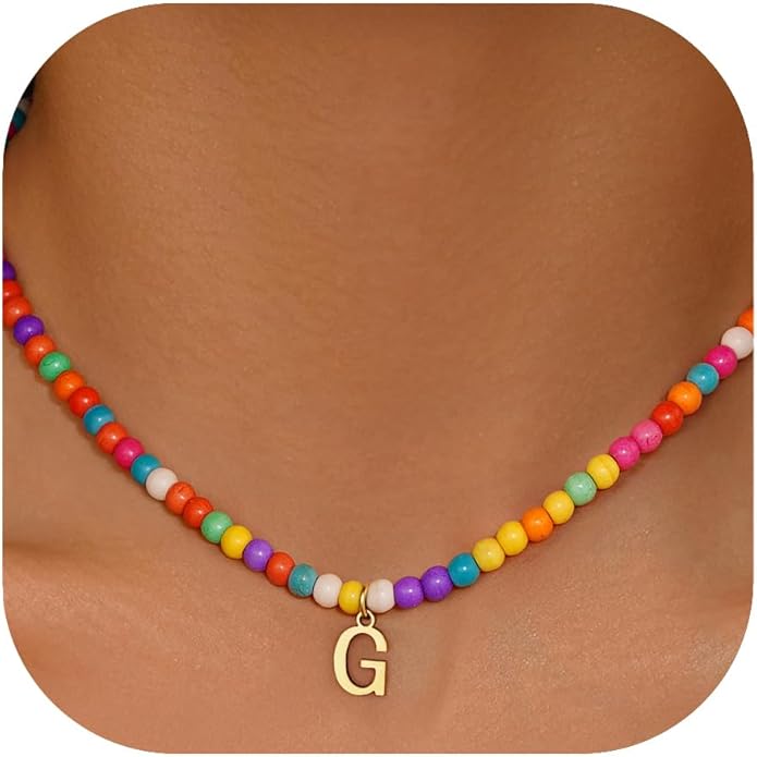 Eioi & Lmnm Colorful Initial Necklaces for Girls Women Kids - Teen Girls Gifts Trendy Beaded Initial Necklace Dainty Letter Gifts Choker Necklace for Girl Jewelry Kick Boosters