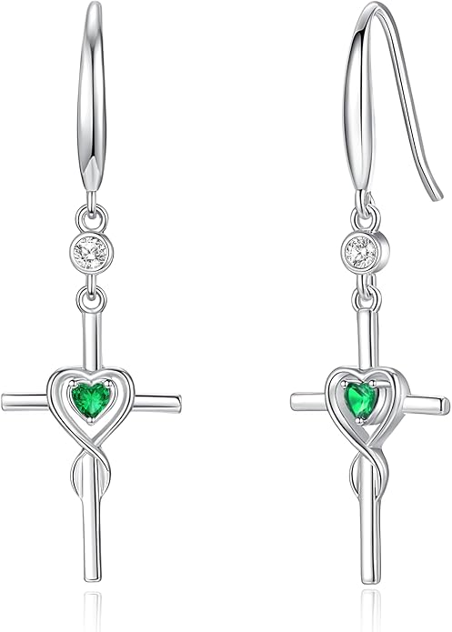 FANCIME Gift for Women Cross Dangle Drop Earrings 925 Sterling Silver Heart Birthstone Earring Fine Jewelry Birthday Gifts for Her Women FANCIME