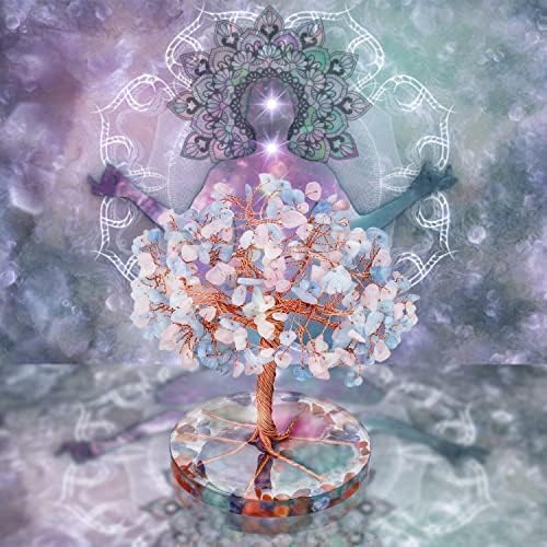 ZenBless 7 Chakra Healing Crystals Stones Tree, Pink Crystal Aquamarine Leaf Wire Wrapped on Agate Slice Base, Home Office Desk Living Room Feng Shui Decoration for Wealth and Luck ZenBless