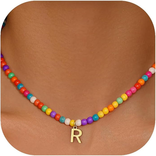 Eioi & Lmnm Colorful Initial Necklaces for Girls Women Kids - Teen Girls Gifts Trendy Beaded Initial Necklace Dainty Letter Gifts Choker Necklace for Girl Jewelry Kick Boosters