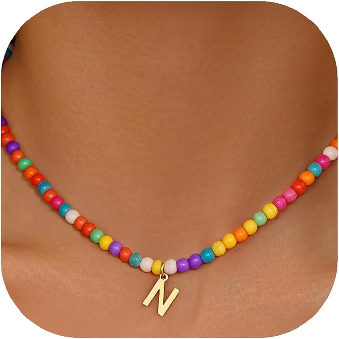 Eioi & Lmnm Colorful Initial Necklaces for Girls Women Kids - Teen Girls Gifts Trendy Beaded Initial Necklace Dainty Letter Gifts Choker Necklace for Girl Jewelry Kick Boosters