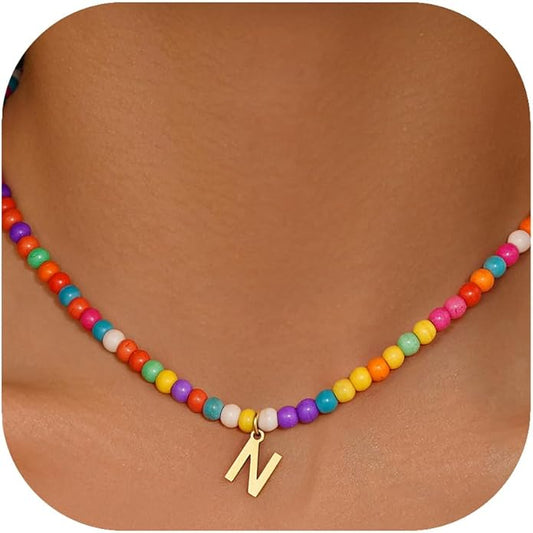 Eioi & Lmnm Colorful Initial Necklaces for Girls Women Kids - Teen Girls Gifts Trendy Beaded Initial Necklace Dainty Letter Gifts Choker Necklace for Girl Jewelry Kick Boosters