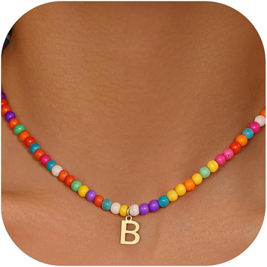 Eioi & Lmnm Colorful Initial Necklaces for Girls Women Kids - Teen Girls Gifts Trendy Beaded Initial Necklace Dainty Letter Gifts Choker Necklace for Girl Jewelry Kick Boosters