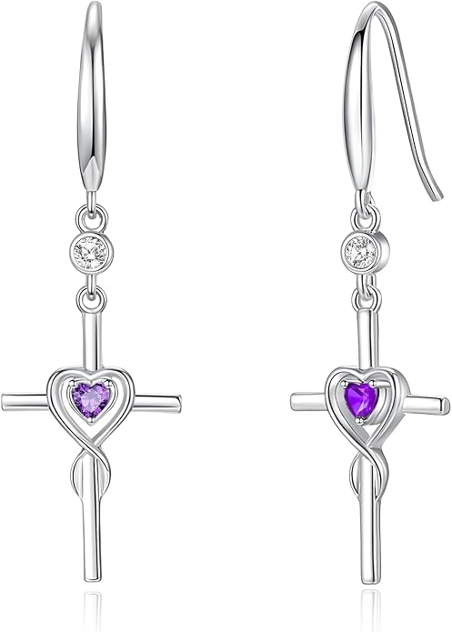 FANCIME Gift for Women Cross Dangle Drop Earrings 925 Sterling Silver Heart Birthstone Earring Fine Jewelry Birthday Gifts for Her Women FANCIME