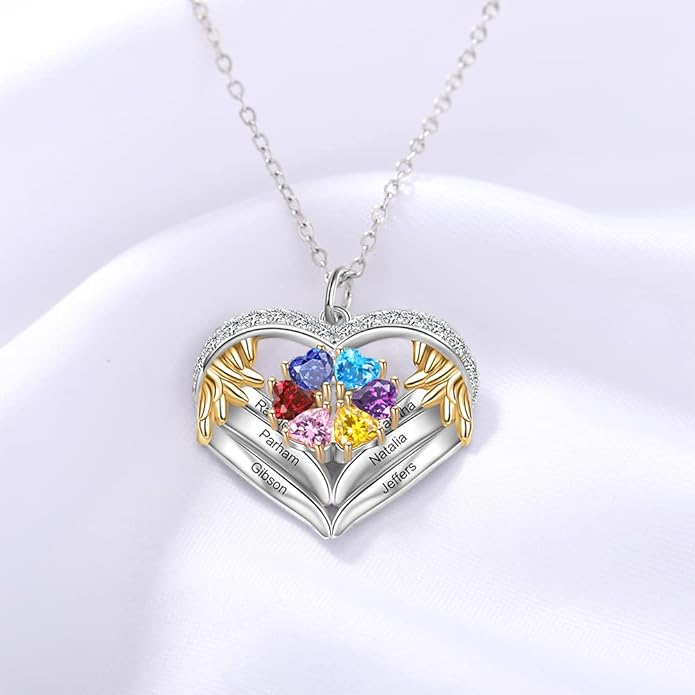 GLAMCARAT Personalized sterling silver pendant necklace with birthstone and name mothers jewelry heart shaped necklace for her birthstone necklace GLAMCARAT