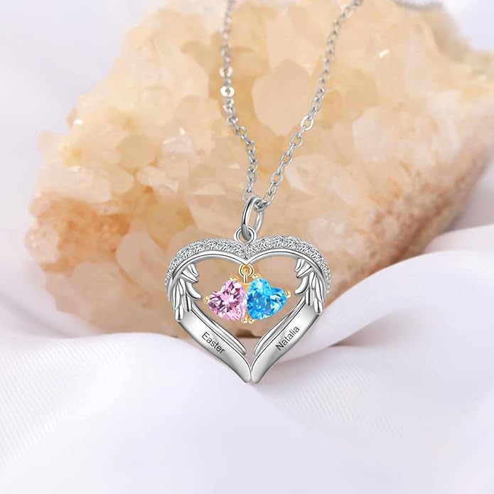 GLAMCARAT Personalized sterling silver pendant necklace with birthstone and name mothers jewelry heart shaped necklace for her birthstone necklace GLAMCARAT